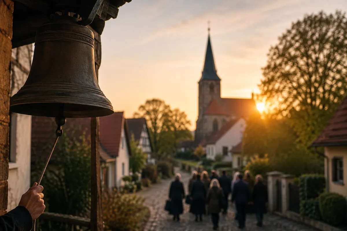 Läutende Glocken in einem Dorf vor der Trauergemeinde
