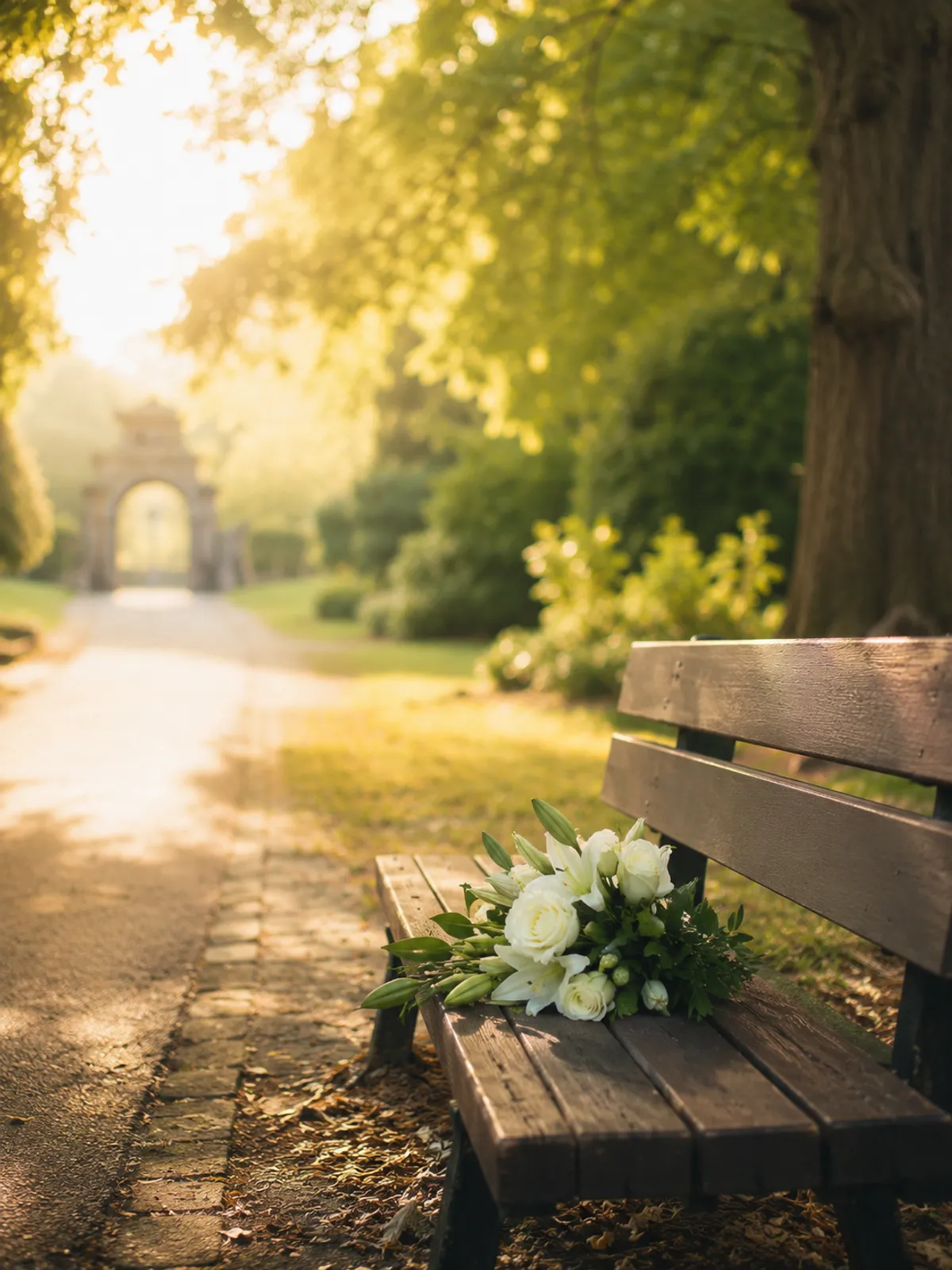 Bank mit Blume auf einem Friedhof