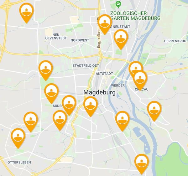 Karte mit Orten von Friedhöfen in Magdeburg