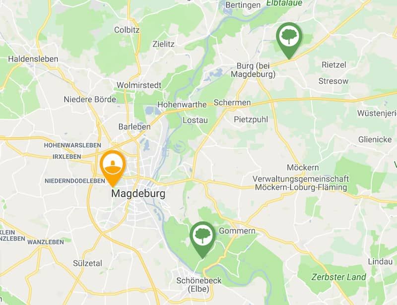 Karte mit Orten für eine Baumbeisetzung in Magdeburg und Umland